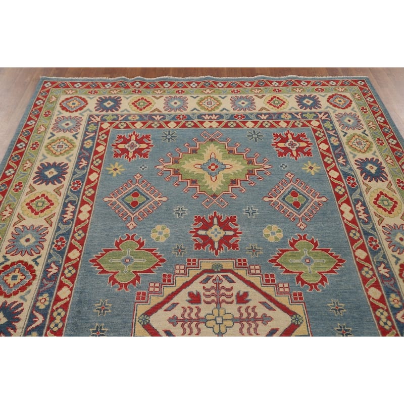 Blue Traditional / Geometric Kazak Area Rug Handmade Wool Carpet - 5'11" x 9'5"