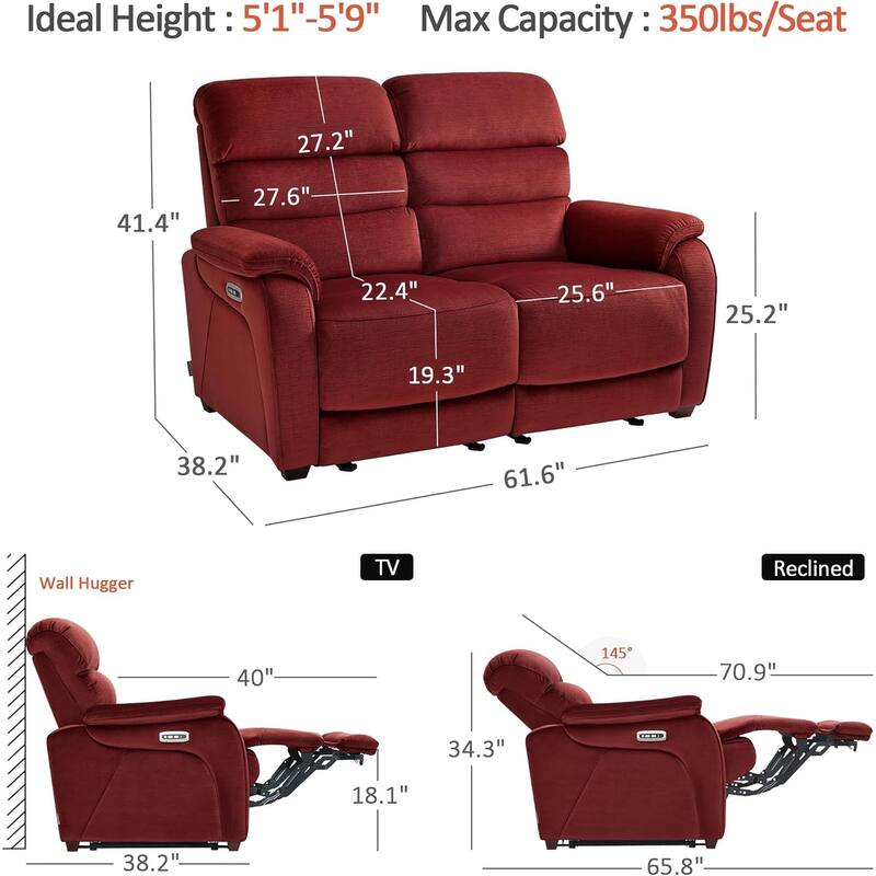 MCombo 61.6'' Wall Hugger Power Loveseat Recliner Sofa with Adjustable Headrest and USB A & C Charge Ports