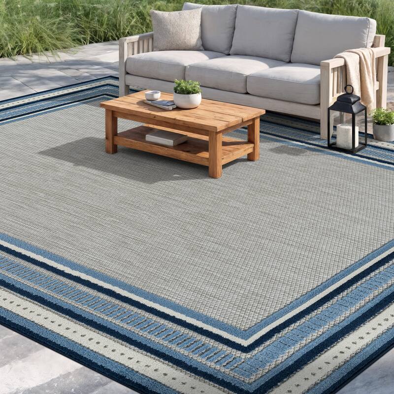 World Rug Gallery Indoor/Outdoor High-Low Textured Area Rug, Coastal Border Easy-Clean Patio Rug
