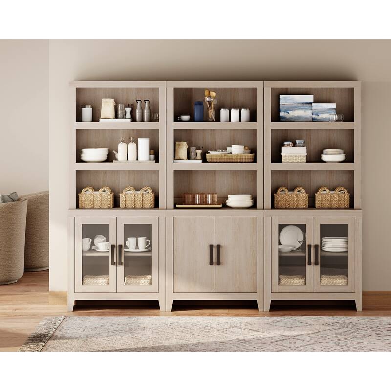 WAMPAT 74" Tall Bookshelf with Glass Doors, Farmhouse Bookcase with Open Shelves