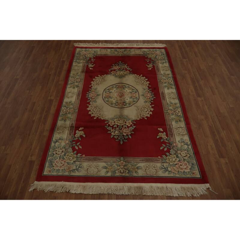 Hand Knotted Oriental 100% Wool Carpet Traditional Floral Red Art Deco Area Rug - 9' 0'' X 5' 10''