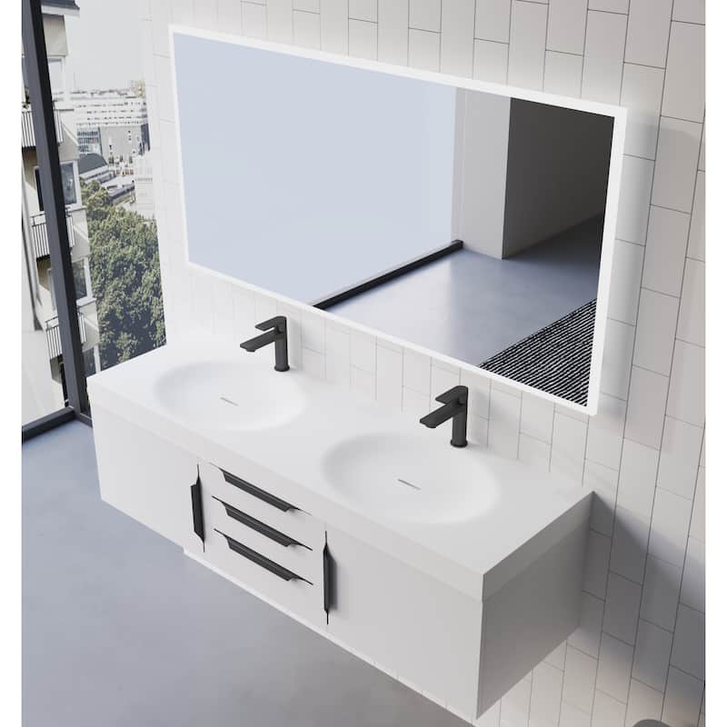 Thames 60" Shallow Basin Wall Mounted Bathroom Vanity Set w/ White Top