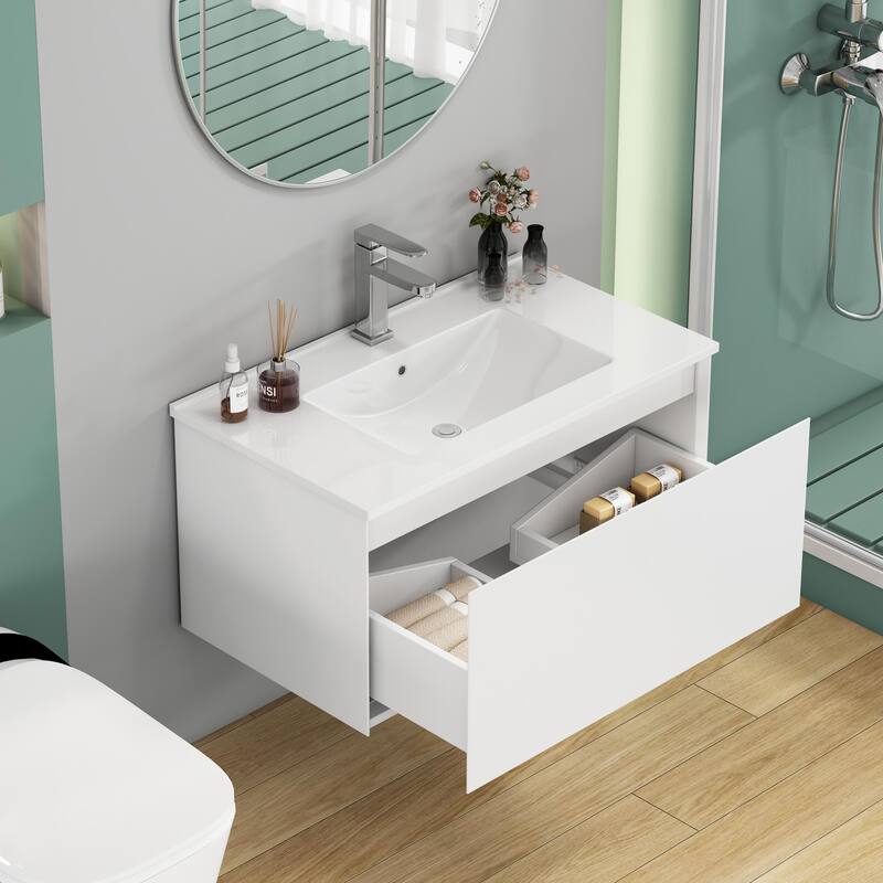 Wall-Mounted Bathroom Vanity, Floating Single Drawer Cabinet, 32 Inch Integrated Ceramic Sink