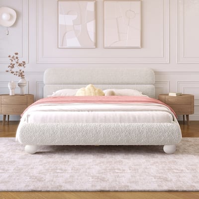 Teddy Fleece Boucle Fabric Upholstered Low Profile Queen Size Platform Bed
