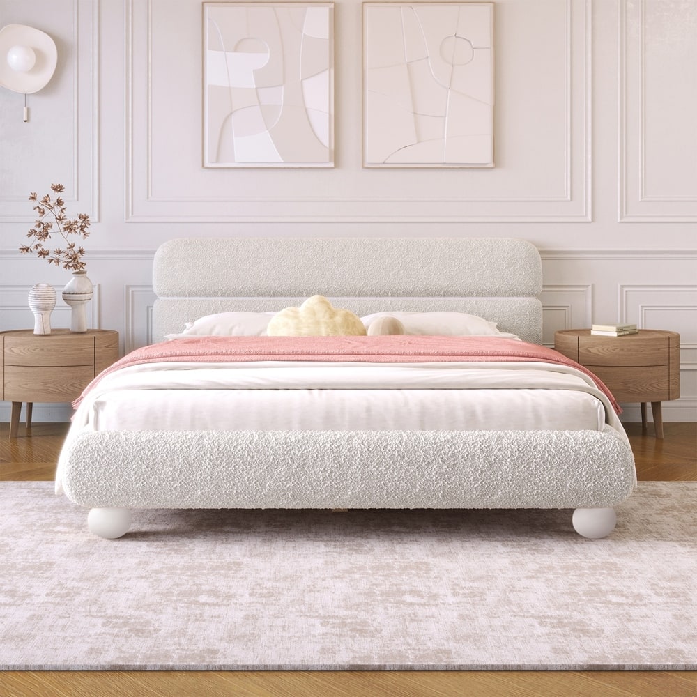 Teddy Fleece Boucle Fabric Upholstered Low Profile Queen Size Platform Bed