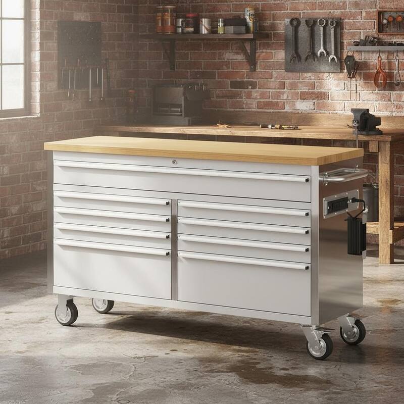 61 inch Rolling Tool Chest, with 9 Drawers and Wheels - Silver
