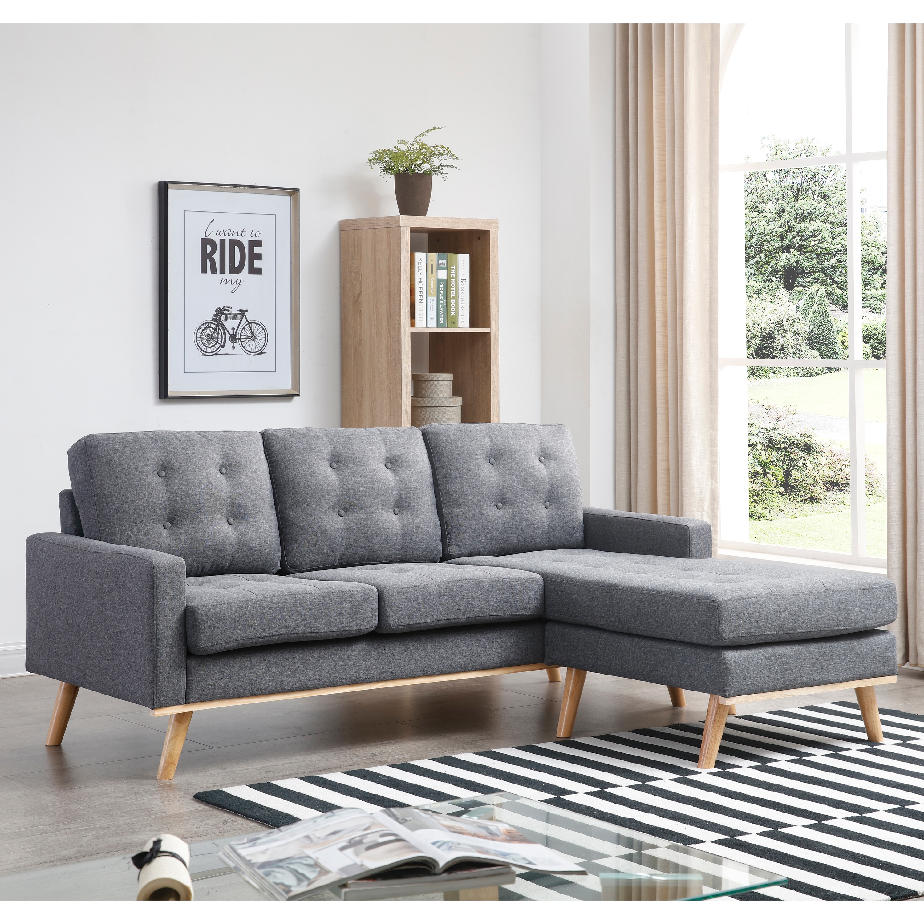 Shelby Mid-Century Grey Upholstered Living Room Reversible Chaise Sectional