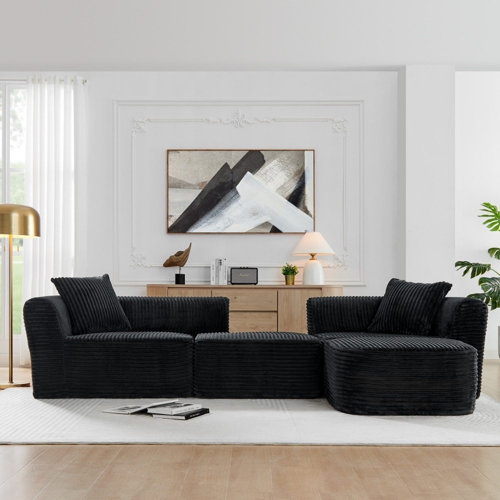 114" Modern Corduroy Modular Sofa with Movable Ottoman for Living Room