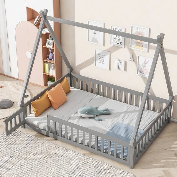 slide 2 of 9, Grey Full Size Pine Tent-shaped Floor Bed with Guardrails & Door Full - Grey