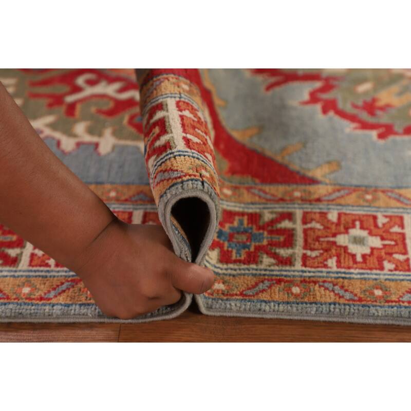 Geometric Kazak Accent Rug Hand-Knotted Oriental Blue Wool Carpet - 3'3"x 5'0"