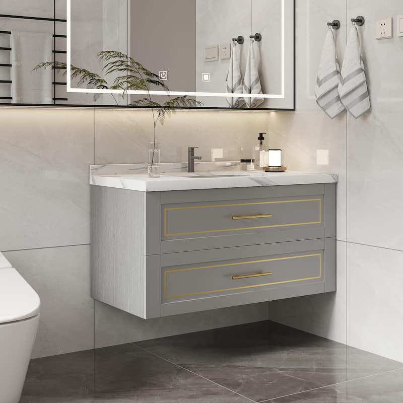 39'' Single Bathroom Vanity with Marble Top Ceramic Basin Sink