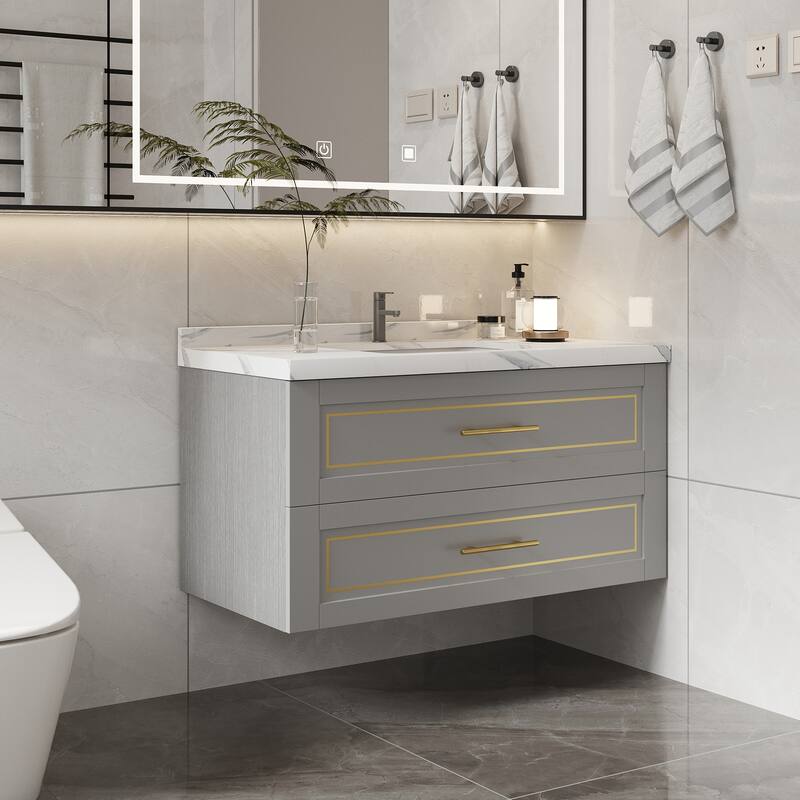 39'' Single Bathroom Vanity with Marble Top Ceramic Basin Sink - Wood Finish - gray green