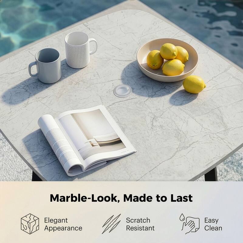 Marble-Look Square Aluminum Bar Dining Table with Umbrella Hole for Indoor and Outdoor Use