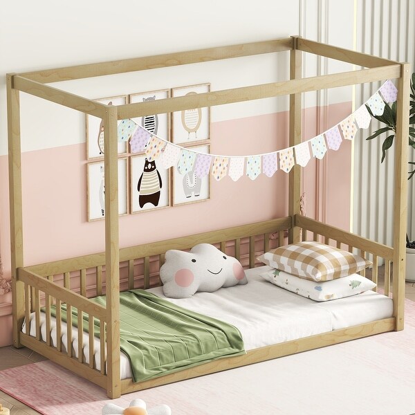 Twin Size Canopy Bed Frame with Guardrails for Kids Floor Bed Twin with Four Poster Design Montessori Floor Bed for Girls Boys Bed Bath Beyond 41072609