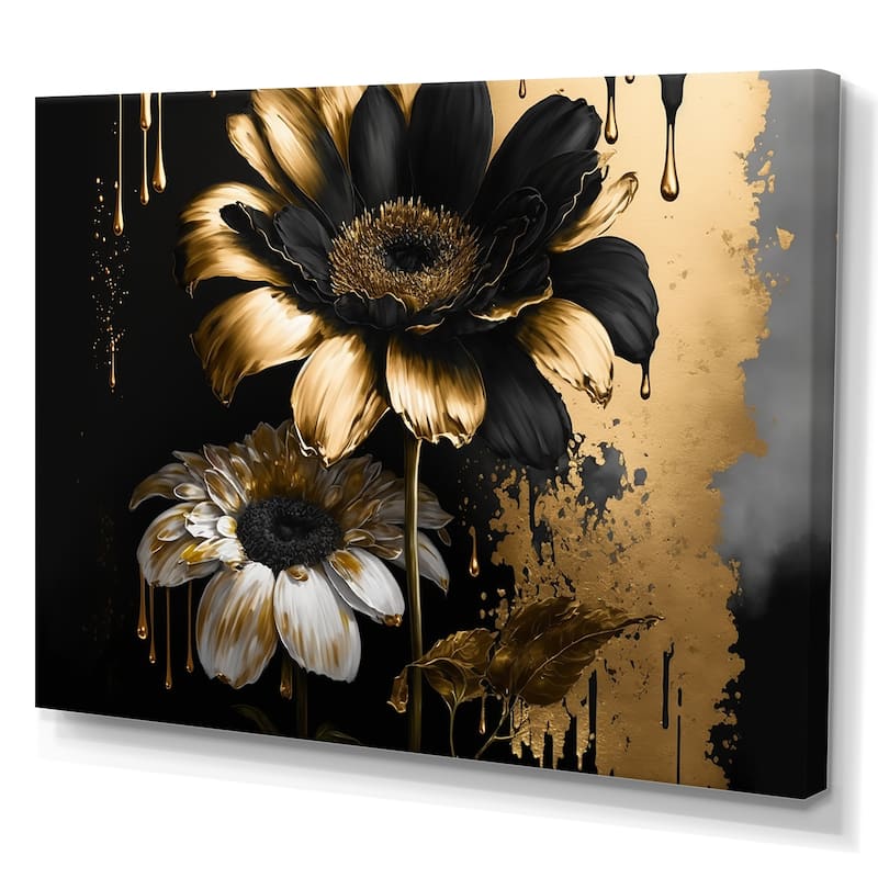 Designart 'Black And Gold Daisy II' Floral & Botanical Canvas Wall Art ...