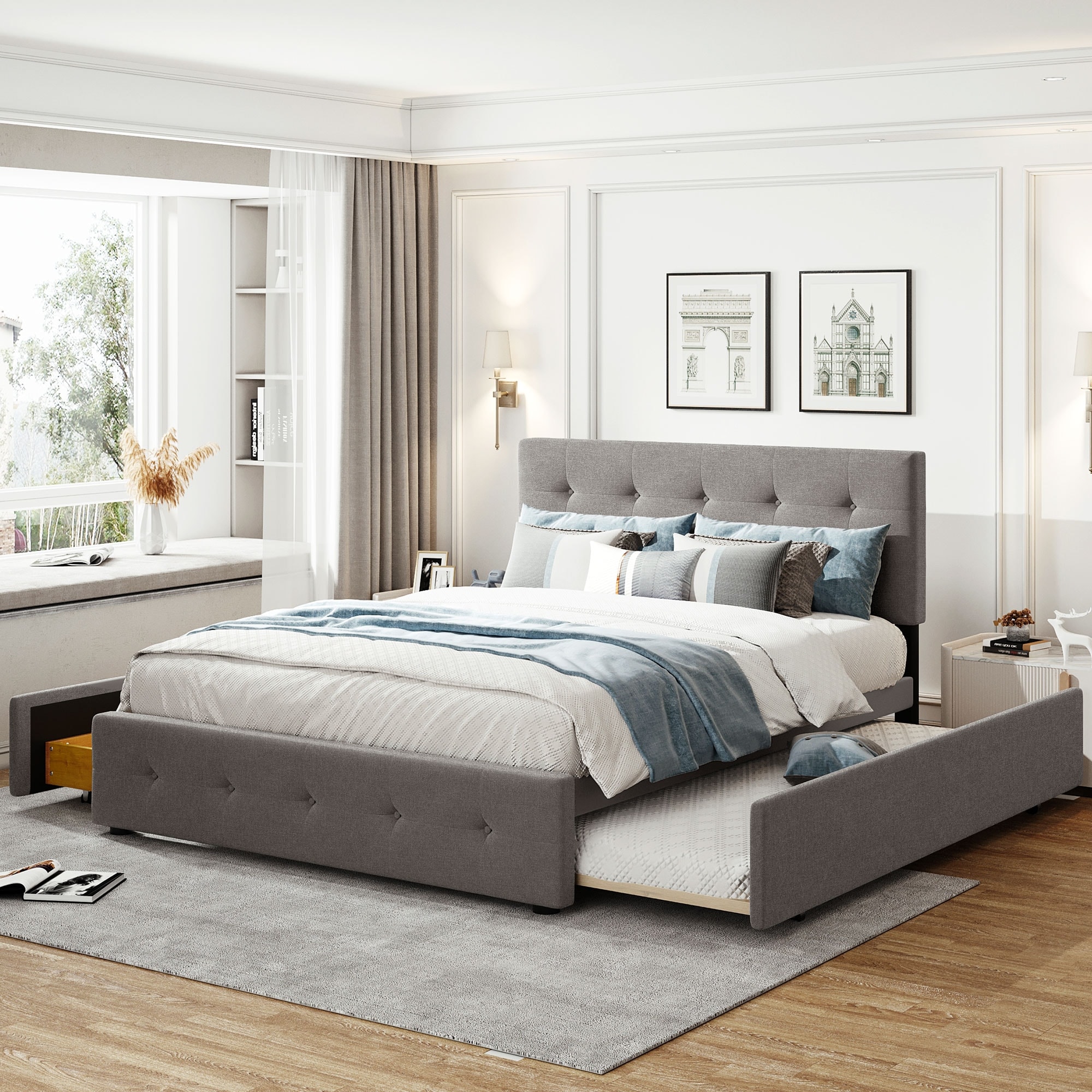 Upholstered Platform Bed with 2 Drawers and 1 Twin XL Trundle
