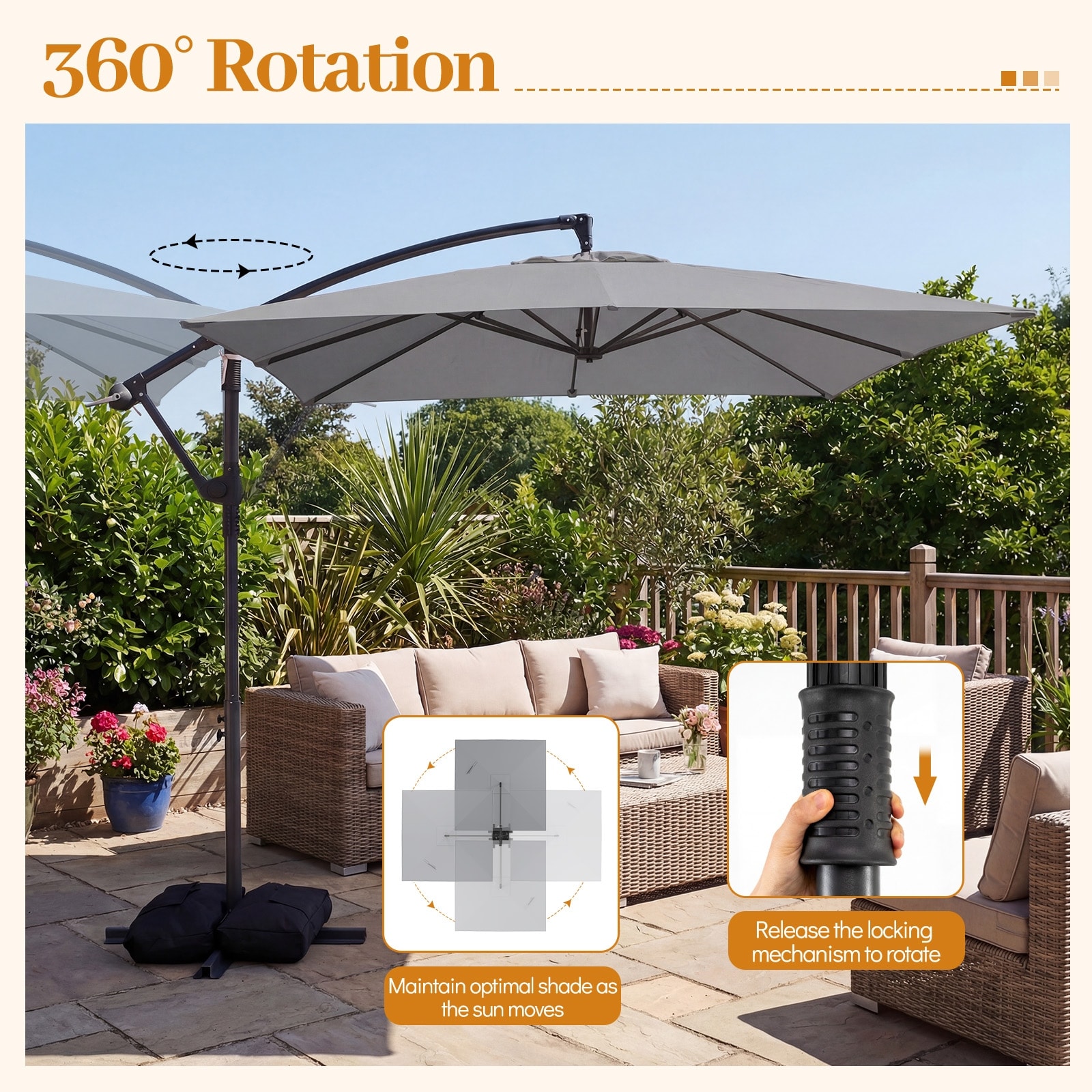 gymax 11ft patio offset hanging cantilever umbrella 360 degree tilt Sunnyglade 11 Ft Deluxe Umbrella Tan 130 lbs Base Weight Gymax - Cantilever Umbrella w/220