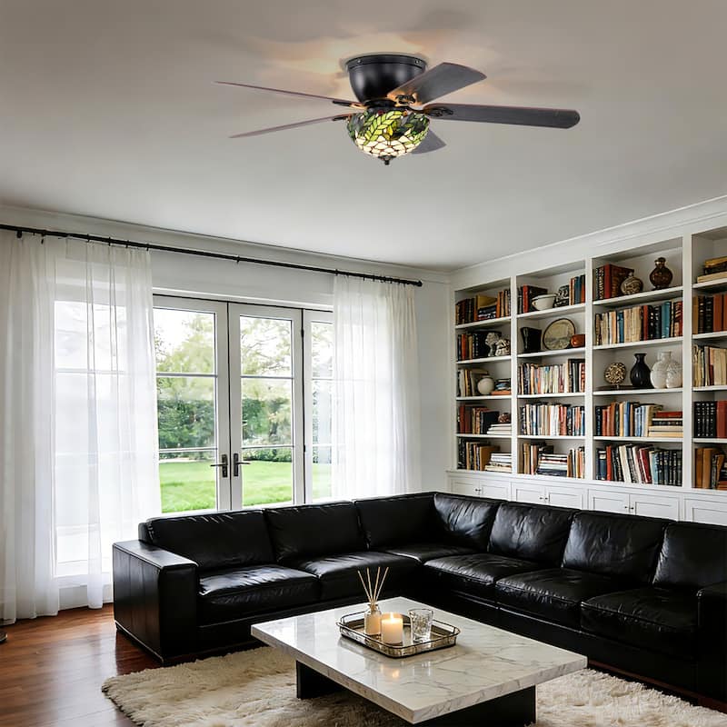 Kyemon 52-Inch Flushmount Lighted Ceiling Fan White Green Fronds Tiffany Glass Lamp Black Finish