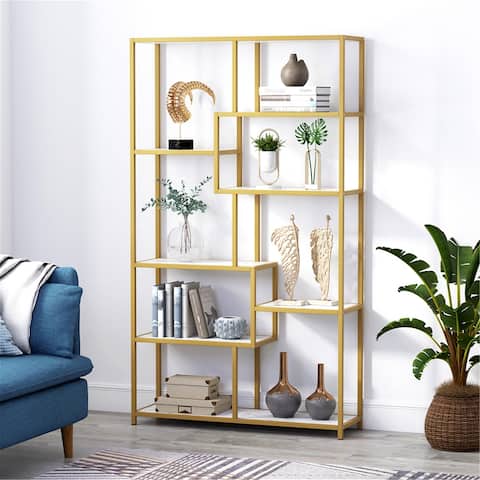Bookshelf Bookcase, Gold 8-Open Shelf Etagere Bookcase with Faux Marble - White/gold