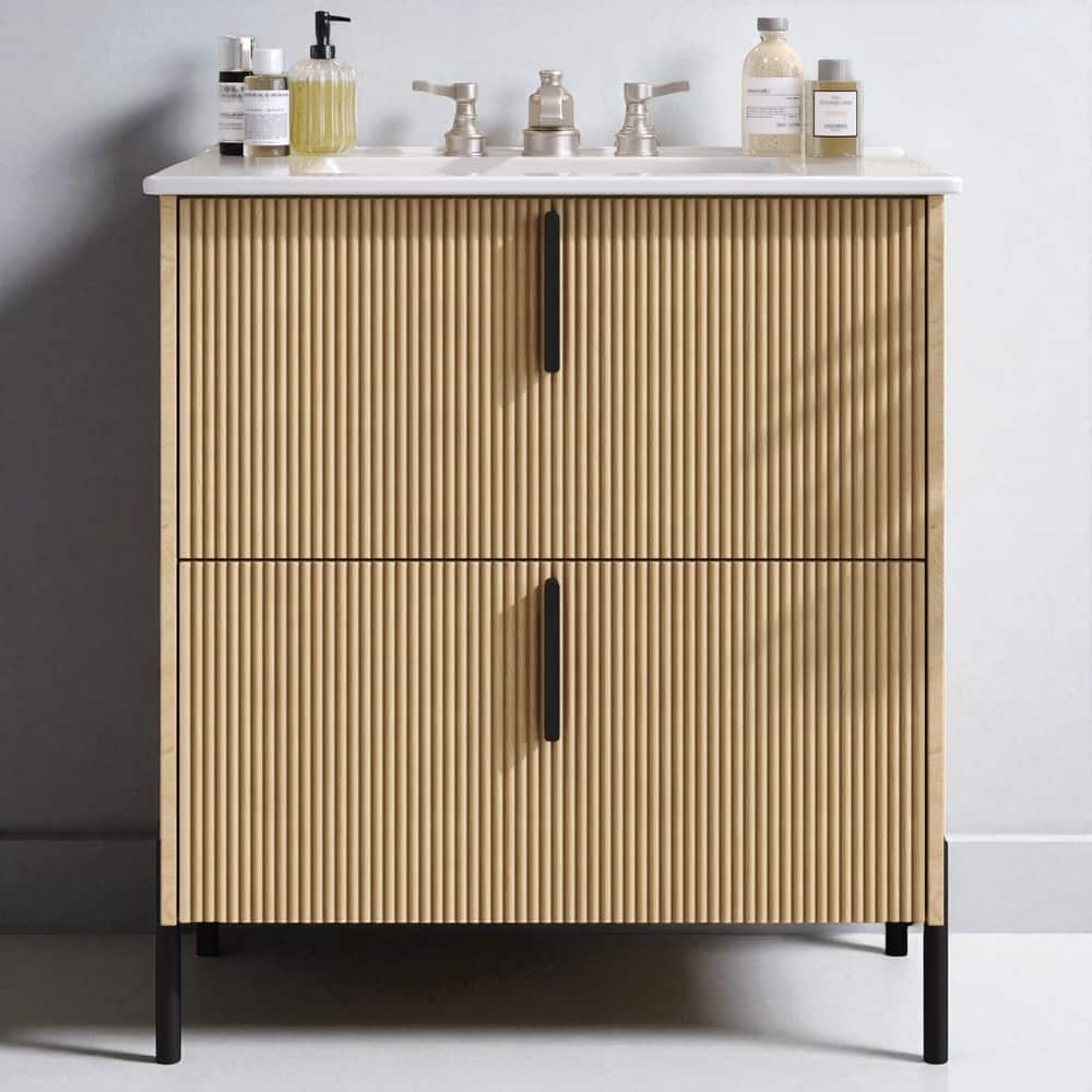 30" Bathroom Vanity with Ceramic Sink, Full-Extension Drawers, Soft-Close Undermount Slides and Fluted Design