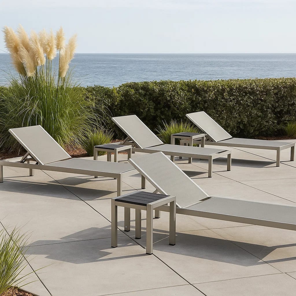 Metal Frame Adjustable Lounger with Side Table, Set of 4, Gray