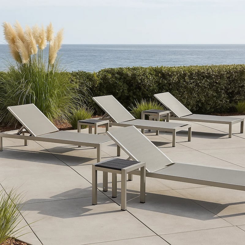 Metal Frame Adjustable Lounger with Side Table, Set of 4, Gray