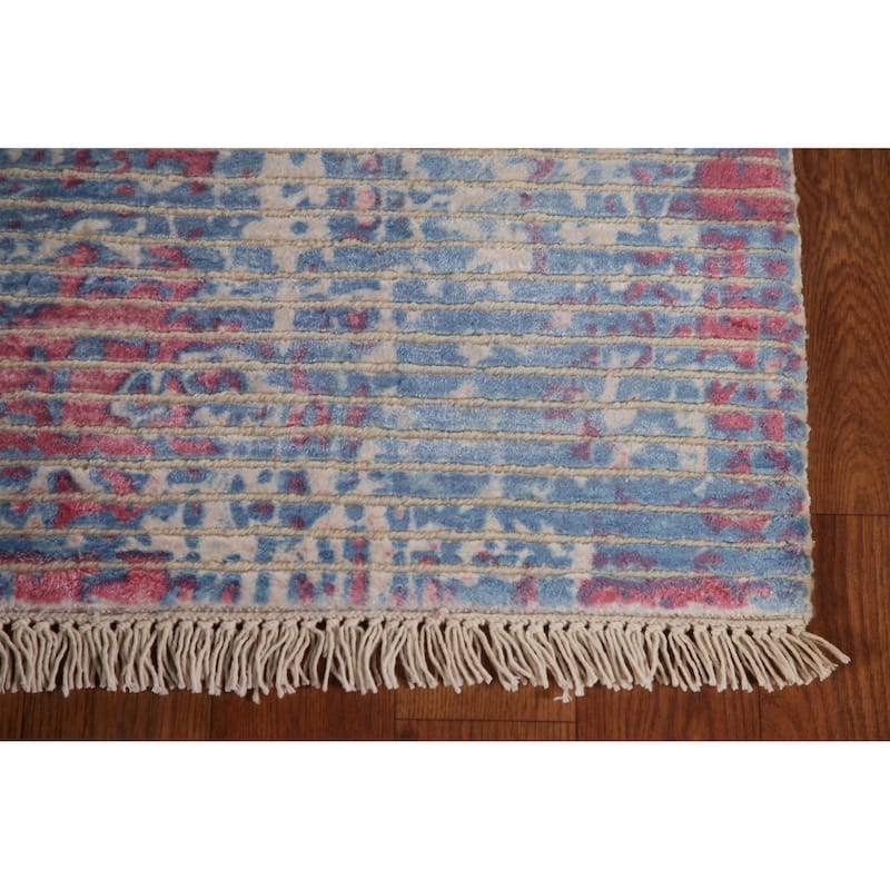 Striped Abstract Indian Accent Rug Handmade Wool Carpet - 3'11"x 5'10"