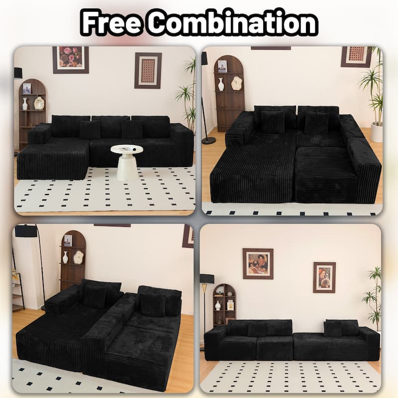 Modular Sectional Sofa with L-Shape Chaise, Full-Compressed Boneless Cloud Sofa, Corduroy Upholstered 3 Seater Sofa