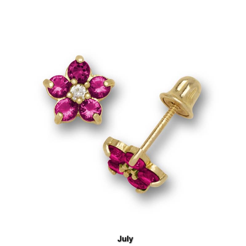 14K Yellow Gold Cubic Zircornia Small Flower Birthstone Screw-back Stud Earrings (12 colors) (5mm)