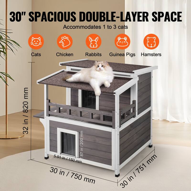 Outdoor Cat House Weatherproof, with Balcony, Doors, PVC Door Flaps and Open Roof - 30"L x 30"W x 32"H