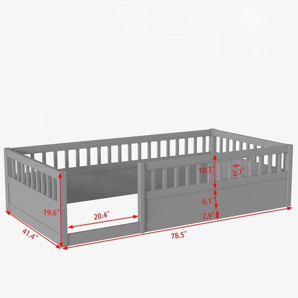 Twin Wooden Floor Bed Frame with Safety Fence, Low to Ground Design for Kids' Bedroom & Playroom, Easy Assembly, Grey