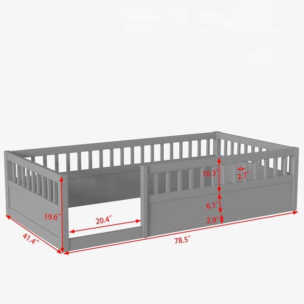 dimension image slide 0 of 3, Twin Wooden Floor Bed Frame with Safety Fence, Low to Ground Design for Kids' Bedroom & Playroom, Easy Assembly, Natural