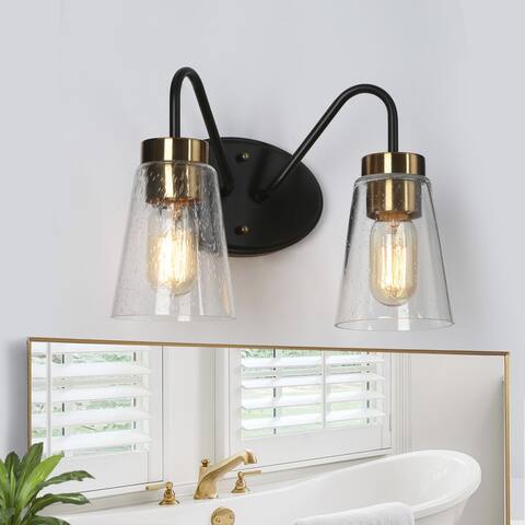 1/2/3/4 Light Modern Industrial Black Gold Bathroom Vanity Light Wall Sconces with Seeded Glass Shades