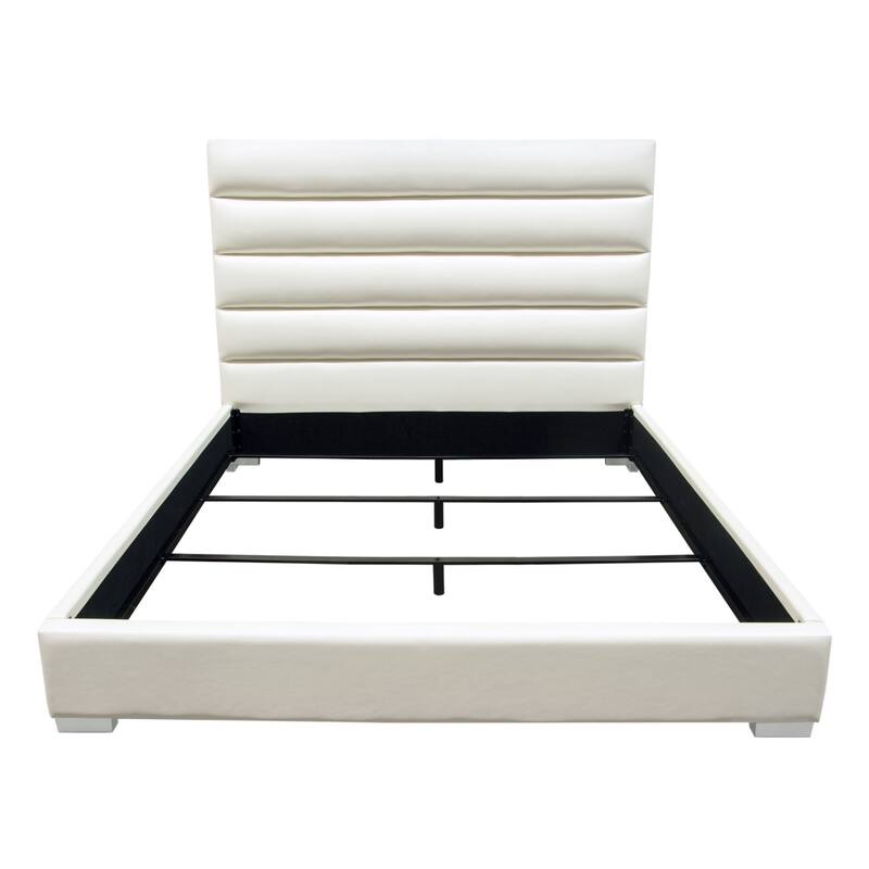 Hela Queen Size Bed, Channel Tufted White Faux Leather Upholstery