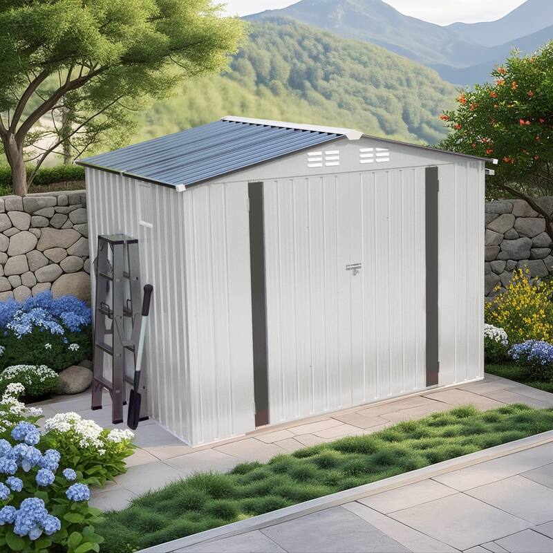 8X6 FT Metal Outdoor Storage Shed, Tool Shed with Pitched Roof Waterproof with Side Window and Lockable Door, Metal Tool Shed