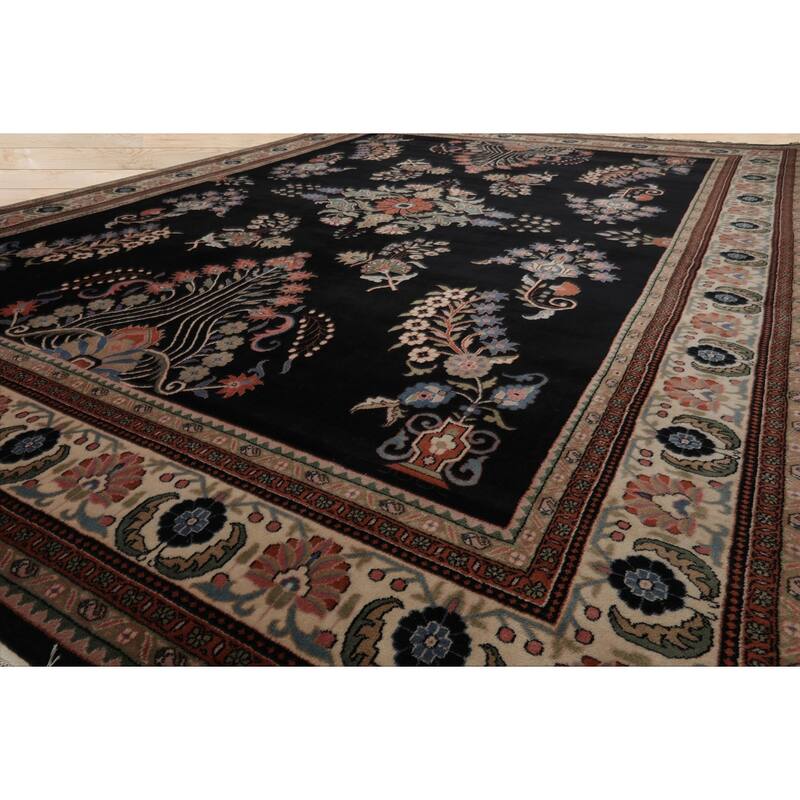 9x12 Hand Knotted New Zewland Wool Black Sarouk Plush Pile Area Rug - 9' x 12'