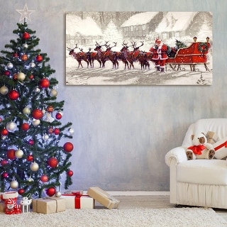 Framed Canvas Wall Art Decor Painting, Santa Claus with Reindeer Sledge Painting For Chrismas - Multicolor