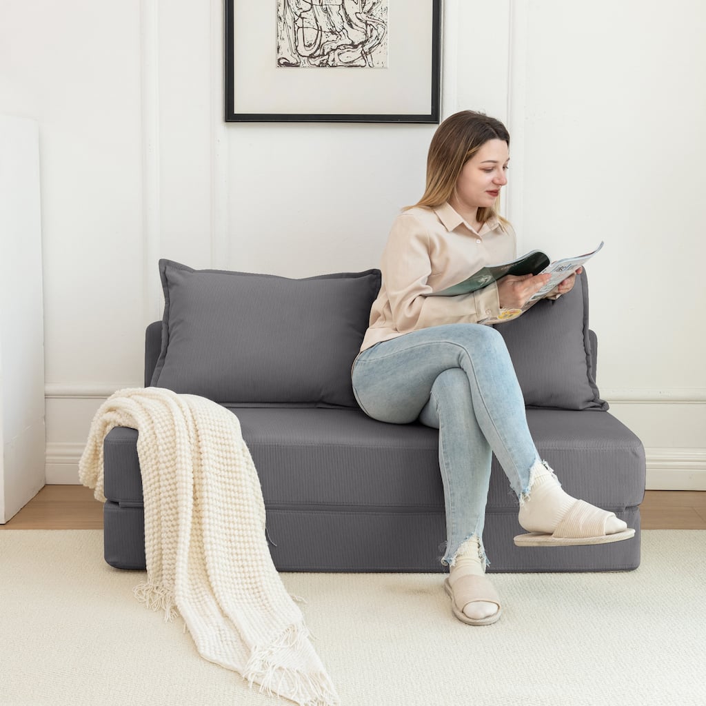 Foldable Sofa Bed Sleeper Lounge Chair in Gray Corduroy for Multiple Spaces