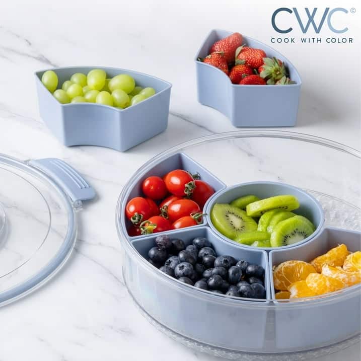 COOK WITH COLOR Round Snackle Box – 6-Compartment Serving Tray with Lid and Handle,Kids Lunch Box & Meal Prep Snack Container