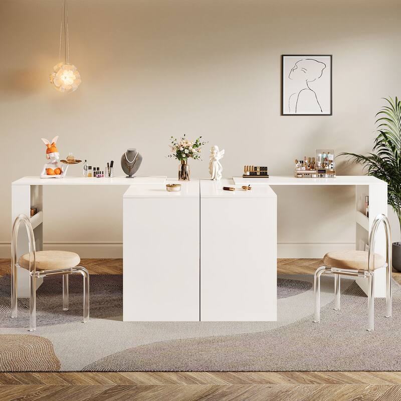 Modern 360° Rotatable Vanity Desk with 3 Drawers, White Corner Vanity