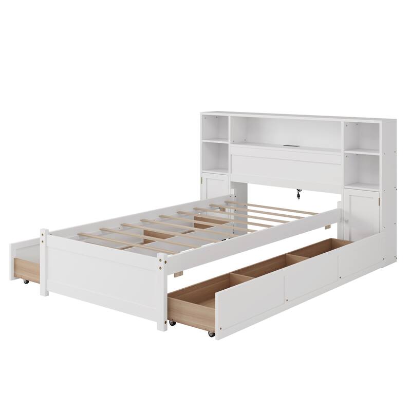 White Wooden Storage Bed with Tall Extended Bookcase Headboard