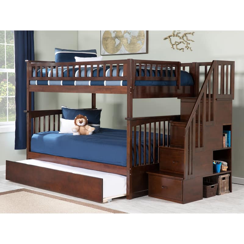 Columbia Staircase Bunk Bed Full over Full with Twin Trundle in Walnut
