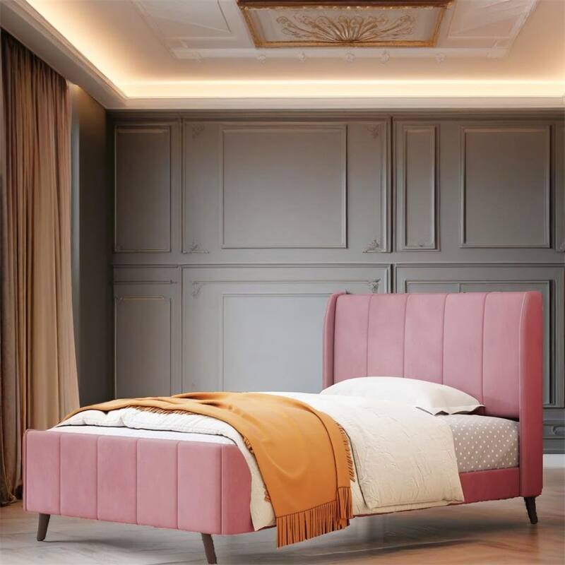 Twin Size Velvet Upholstered Platform Bed with Slats and Legs - Pink