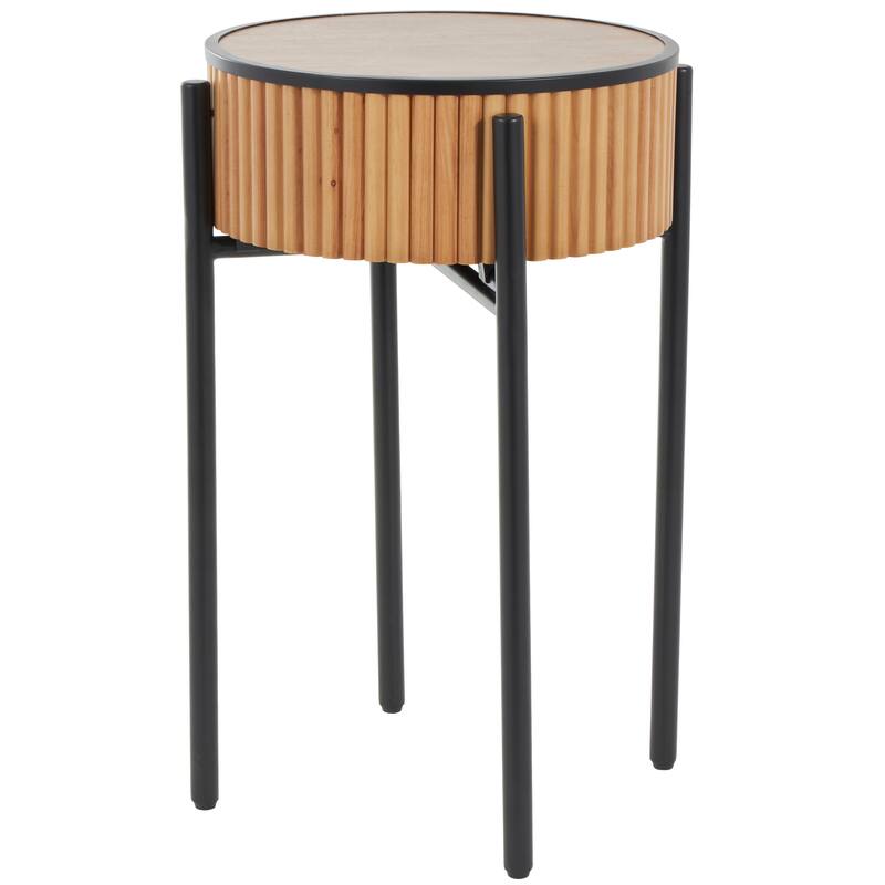 Brown Wood Handmade Slatted Drum Side End Accent Table with Black Metal Legs