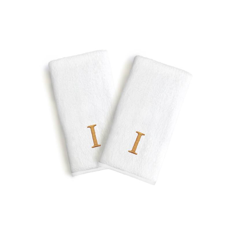 Authentic Hotel and Spa 2-piece White Turkish Cotton Hand Towels with Gold Block Monogrammed Initial - White/I