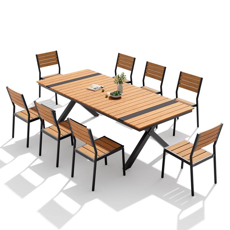 9PC Outdoor Patio Aluminum Dining X Frame Table and Stackable Chairs Set with Umbrella Hole