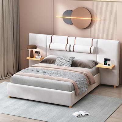 Beige Queen Size Upholstered Platform Bed with Two Bedside Pillows, Two Outlets and USB Charging Ports