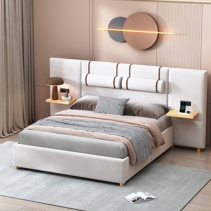 Queen Size Upholstered Platform Bed Frame with USB Charging Ports, Power Outlets and Built-in Pillows, Storage Shelves Included