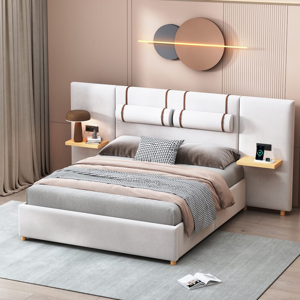 Queen Velvet Upholstered Bed with USB Ports, Storage Shelves & Built-in Pillows - Beige/Gray
