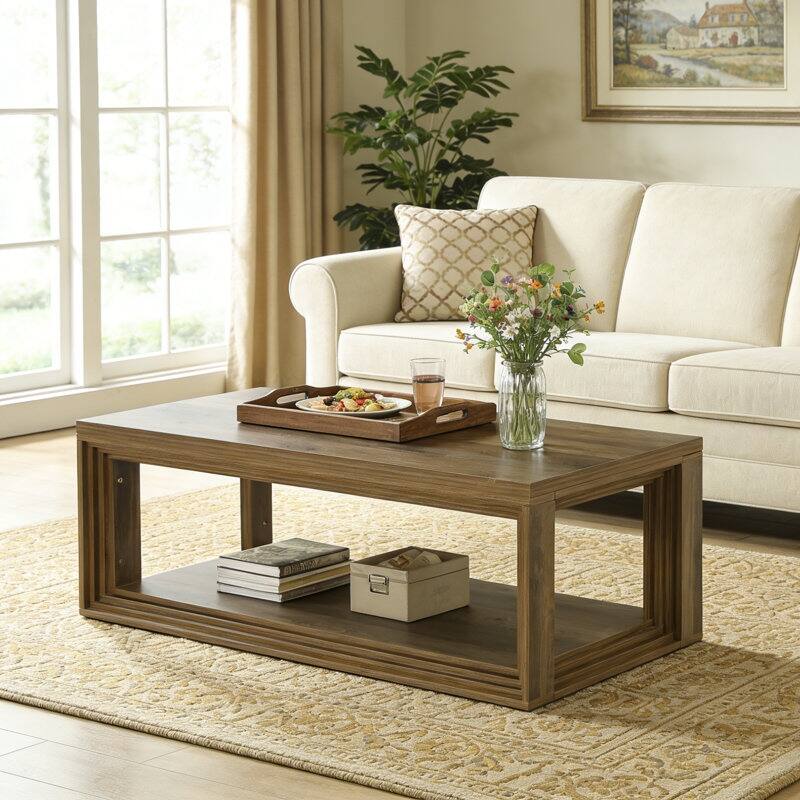47.24" Rectangular Rustic Coffee Table With Open Storage Shelf